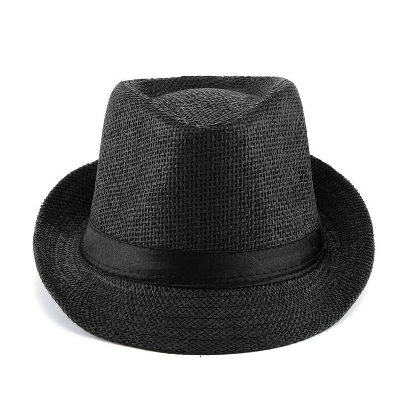 FALETO Unisex Summer Panama Straw Fedora Hat Short Brim Beach Sun Cap Classic (#01 Black) - Image 3